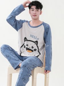 Pajamas Men Spring and Autumn Pure Cotton Long Sleeves Junior High School Students Youth 12-15 Years Old Boy Cartoon Homewear