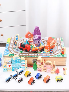 Wooden Train Set with Car And Building Blocks With Wooden Box For Easy To Keep With Car And Traffic Electric Train Gift