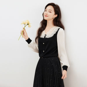 Koradior | New Spring V-Neck Straight Wool Lace-Trimmed Ladylike Blouse