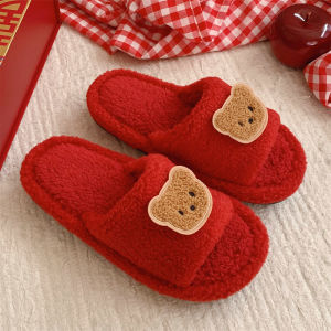 Dép Vải Cotton Màu Đỏ Cho Cặp Đôi Mới Cưới Dễ Thương Dép Lông Cho Mùa Đông Dép Lười Thoải Mái Cho Nam Và Nữ