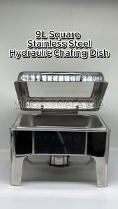 9L Square Chafing Dish with Glass Lid – Silent Hydraulic Closing Water Heated Stainless Steel