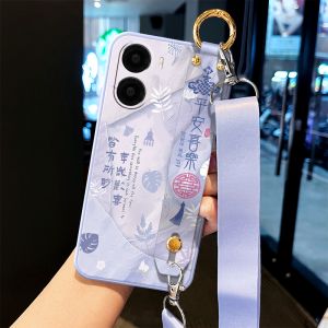 Vivo Y35 Soft Silicone Case with Wrist Strap Crossbody Shoulder Cord Anti-fall Full Cover Protection for Couples Trendy Design