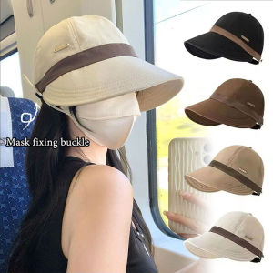Womens Sun Hat with Mask Fixing Buckle Summer Outdoor UV Protection Cap Adjustable Wide Brim Bucket Caps