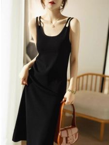 Quality Black Sleeveless Vest Dress Womens Spring/Summer Mid Length Long Length Slimming Inner Ice Silk Knitting Bottoming Suspender Skirt