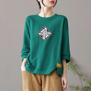 เสื้อยืดคอกลมแขน 7/8 ทรงหลวม ผ้าฝ้ายแท้ สำหรับผู้หญิง ฤดูใบไม้ผลิและฤดูร้อน สไตล์ใหม่ เสื้อยืดลำลอง เสื้อตัวบน