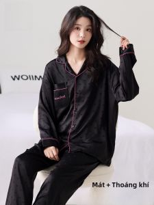 MiiOW | Bộ đồ ngủ lụa băng MiiOW dành cho nữ mùa hè 2025 Bộ đồ ngủ dài tay thoải mái thoáng khí dễ thương Bộ đồ ngủ mặc nhà