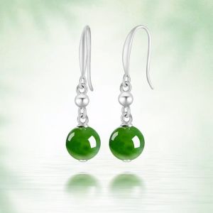 Simple S925 Silver Natural Hetian Jade Green Round Bead Women Earrings with Certificate