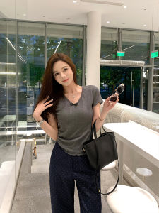 Summer Design Slim Fit Short Sleeve V-Neck Butterfly Knot T-Shirt Womens Heavyweight Cotton Butterfly Knot V-Neck Short Sleeve T-Shirt