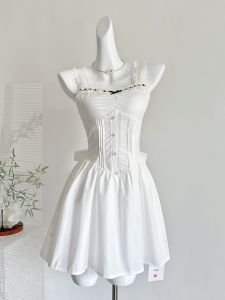 Váy Ngắn Tay Không Dây Màu Trắng Kiểu Pháp Cho Nữ Váy Ngắn Thắt Nơ Váy Mùa Hè Ngọt Ngào Váy Chữ A Không Tay Cổ Chữ V