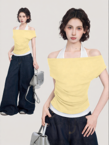 BAIDAIFEI | Off-Shoulder Halter Neck Two-Piece Style Slim Fitting Short Sleeve T-Shirt