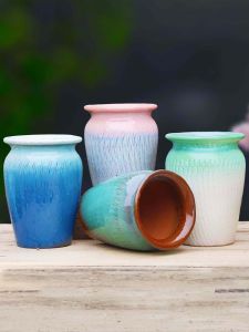 Indoor Balcony Ceramic Flower Pots Thick Clay High Pile Flower Vases Green Plant Pots Porous Clay Planters Simple Style Home Decor