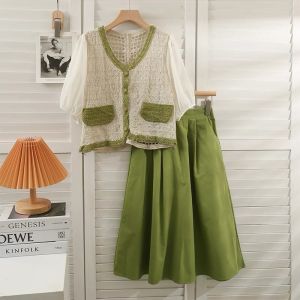 Set Áo Ren Lưới Tay Bồng Cực Xinh + Chân Váy Midi Cạp Chun Lưng