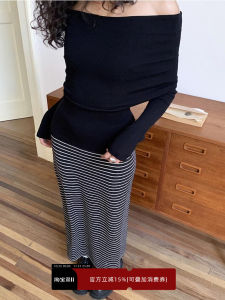 Black One-Shoulder Knitted Sweater Womens Inner Wear GOGO BURN Commute Style Slim Fit Long Sleeve Pure Color Shoulder Bared Top