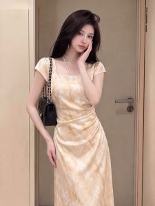 YIKEMAI | Elegant French Square Neck Sleeveless Slim Dress