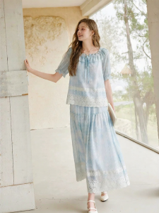 XIANGYING | Blue Embroidered Lace Dress Set