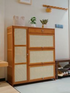 [On Hand]2/3/4D Shoe Cabinet Bamboo Rattan Breathable Door Wooden Shoe Rack Cabinets Shoe Cabinet Rganizer