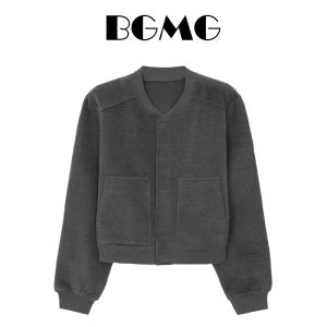 Retro American Grey Short Baseball Jacket Womens Autumn Winter Casual Loose Fit Top Trendy round Neck One Piece Velvet