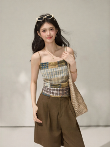 OUYANGXI | Áo Camisole In Hình Caro và Ren Phong Cách Đông Phương Retro