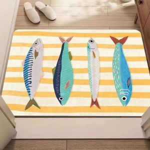 VIKAMA Coastal Door Mat Non Slip Colorful Sardine Fish Stripe Pattern Welcome Rug Entryway Floor Mat Kitchen Decor Home Decor