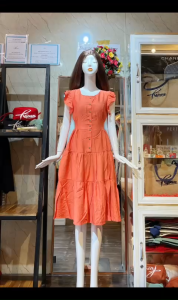 Đầm tay cánh tiên cổ tròn thun co giãn eo nút dừa kiểu hai lớp dày dặn tùng xoè vải tơ đũi mềm mại mát mẻ tông màu nổi: Cam Sen Vàng Đô Tím Dâu Đen Trắng < 55 ký mặc xinh Kapmits Dress Fashion