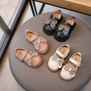 SHUNAICHI Children Leather Shoes Girls Cute Houndstooth Bow-tie Shallow Shoes Babys High-quality Casual Wedding Party Shoes Kids G04271