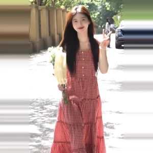 Ge·an·fei | Elegant French Style Red Plaid Halter Maxi Dress