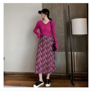 ฤดูใบไม้ผลิและฤดูร้อนใหม่กระโปรงดอกไม้หญิงป่าเกาหลีย้อนยุคชีฟองดอกไม้หวานเอวสูงกระโปรงทรงเอ