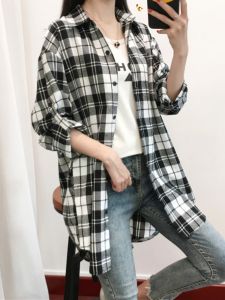 Black White Plaid Shirt Womens Outerwear Korean Style Loose Fit plus Size Mid-Length Ladies Shirt Spring Autumn 2026