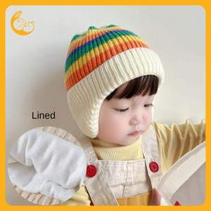 Kisss baby Rainbow childrens hat หมวกเด็กสายรุ้ง  เพิ่มความหนาสำหรับฤดูใบไม้ร่วงและฤดูหนาว  หมวกไหมพรมถัก  หมวกเด็ก  หมวกกันหนาวสำหรับเด็กผู้หญิง  หมวกคลุมหูเด็กทารก