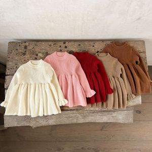 ชุดเดรสผ้าฝ้ายถักแขนกระดิ่งสไตล์เกาหลีสำหรับเด็กผู้หญิง เดรสเด็กผู้หญิงฤดูใบไม้ผลิและฤดูใบไม้ร่วง