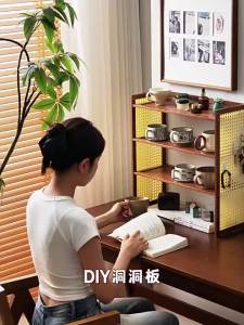 Boho Rattan Desktop Bookshelf Multi Tier Wooden Desk Storage Rack Pegboard Side Book Organizer for Office Bedroom Study Decor
