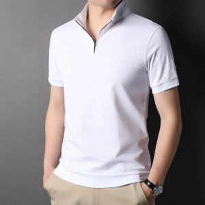 ROMON | Lomond Mens Half Zipper Polo Shirt Summer Thin Pure Cotton Short Sleeve Casual Stand Collar White Ice Silk Top Fashion Urban Business Casual
