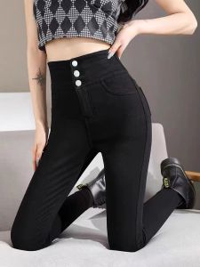 High Waist Fleece Lined Slimming Magic Black Pants Womens Base Layer Trousers Casual Long Pants Glue Stick Fiber Blend