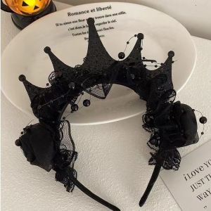 Black Rose Lace Crown Hairband & Dark Queen Cosplay Props Halloween Cat Ear Plush Hair Clip Women's Party Performance Accessories