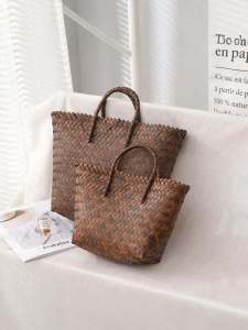 Retro Bamboo Weaving Handbag Womens Shoulder Bag Basket Style Casual Tote Bag Handwoven Grass Bag Popular Online Bag