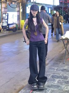 กางเกงยีนส์ทรงหลวมเอวต่ำขากว้างสีน้ำเงินเข้มสไตล์อเมริกัน ทรงยาวคลุมเข่า สำหรับผู้หญิง กางเกงขายาวทรงตรง