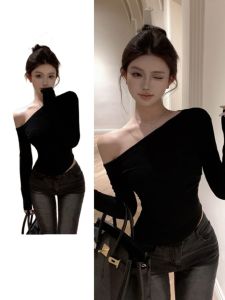 เซ็กซี่ ไม่เท่ากัน แขนยาวเอวซับ สีดำ เสื้อยืดตัวในเสื้อเชิ้ตตัวสั้น รัดรูป สไตล์ ผู้หญิง แฟชั่น เสื้อท่อนบน
