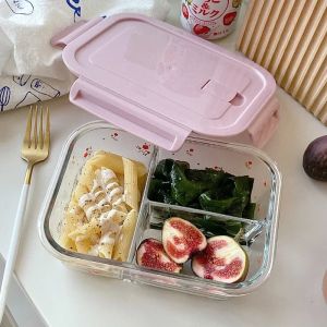 Cute Blue Pink Flowers Glass Lunch Commuting To Work Microwave Oven Heating Special Bowl Lunch Box Rice Box Set Sealed with Lid