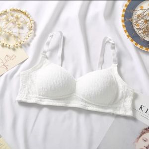 Cute Soft Pure Color Creamy Style Comfortable No Steel Ring Small Chest Gathered Bra Set Student Girls Underwear V-Neck Design