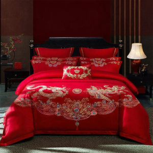 DOHIA | Cotton Red Embroidery Wedding Bedding Set Dragon and Phoenix Motif 4 Piece Set for New Marriage Bedding Queen Size