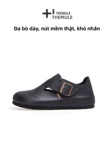 THEMULE | Giày Dép Trượt Đen Birken Stock Da & Sồi Mềm Đầu Rộng