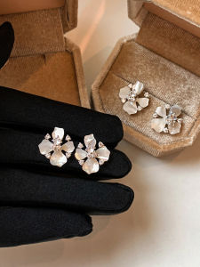 CAFFTI | Unique Elegant Zircon Clover Flower White Mother-of-Pearl Silver Earrings