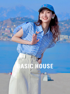 Basic House | Retro Blue Stripe Lightweight Short Sleeve Blouse