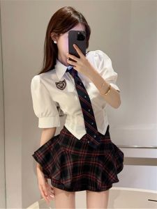Summer College Style Womens Uniform Set Short High Waist Two-Piece Suit Sweet And Spicy Design Elegant Short Top Skirt
