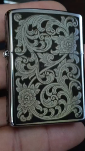 Zippo Armor Case Brushed chrome 162 ของแท้ สีเงินด้าน ยิงเลเซอร์ ลายดอกพุตตาล 5 ด้าน