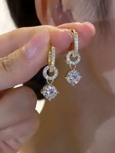 Fashionable French Style One Carat Zirconia Earrings Versatile Two-Way Wear Elegant Versatile Ear Jewelry for Women