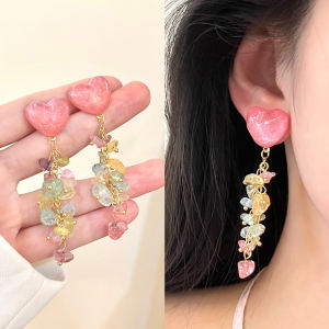 Summer Colorful Heart Crystal Tassel Earrings Womens Fashion New Small Batch Design Sensation Ear Jewelry Alloy Plated Silver