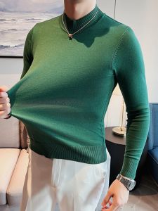 Slim Fit Half High Neck Long Sleeve Knitwear for Men Autumn Winter Solid Color Base Layer Shirt Fashion Urban Style Casual Top