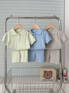 Korean Style Baby Boy Knitted Sweater And Mid-Trousers Set Spring Summer Autumn Cotton Polyester Soft Processed Short Sleeve round Neck