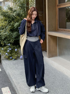 Casual Sporty Two-Piece Set in Dark Blue Korean Style Womens High Waist Wide Leg Pants Fake Two-Piece Autumn Collection